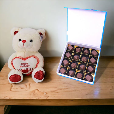 Happy Birthday Teddy Bear, Assorted Chocolate Collection, 16pcs Chocolate Box, Hazel Nuts, Raspberry, Rose Flavors, Birthday Gift Combo